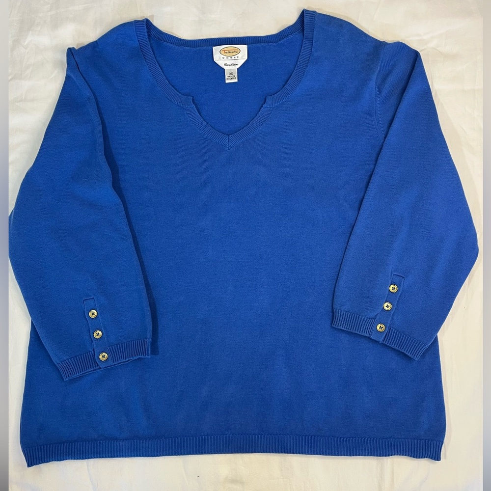 Talbots Blue Pima Cotton Sweater V-Neck Gold Button Sleeve Women’s 2X